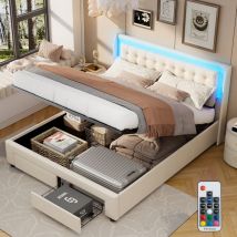 Bett Mit Stauraum 160x190 Cm, Mit Led, Hydraulischem Stauraum, 2 Schubladen, Holzlattenrost, Metallrahmen, Gepolstertes Samtbett – Beige