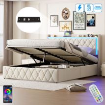 Polsterbett 140x190 Cm Mit Led, Stauraum, Usb-a/c, Gitterdekor, Holzlattenrost, Metallrahmen, Samtbett - Beige