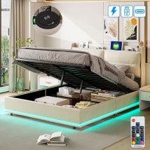 Bett mit Stauraum 140x200 cm, 2 Plätze, mit led, Stauraum, usb-a/c, kabelloses Laden, Holzlattenrost, Metallrahmen, gepolstertes Samtbett – Beige