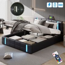 Bett Mit Stauraum 140x200 Cm, Mit Led, Aufbewahrung, Usb-a/c, Lattenrost Aus Holz, Metallrahmen, Modern, Gepolstertes Erwachsenenbett Aus Kunstleder -