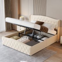 Bett Mit Stauraum 140x200cm, Mit Hydraulischem Stauraum, Nieten Und Dekorativen Knöpfen, Lattenrost, Gepolstertes Doppelbett Aus Samt - Beige