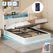 Bett mit Stauraum 160x200cm, mit led, usb-a/c Ladeanschluss, 3 Regalen, hydraulischem Stauraum, Lattenrost aus Holz, gepolstertem Bett in Samt - Weiß