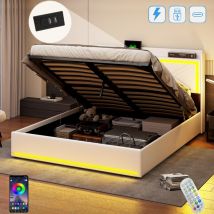 Bett mit Stauraum 140x200cm, mit led, Kopfteil mit Flügeln und USB-A/C-Ladeanschluss, hydraulischer Stauraum, Lattenrost, gepolstertes Bett aus