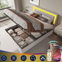 Bett mit Stauraum 180x200cm, mit LED-Beleuchtung, hydraulischer Aufbewahrung, Knöpfen aus Kunststein, Lattenrost, gepolstertes Bett aus Samt - Beige