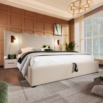 Bett Mit Stauraum Leinen Beige 160x200 Cm, Mit Lattenrost, Leselampe Und Usb-/type-c-anschlüssen