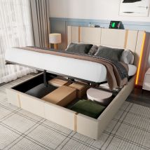 Bett Mit Stauraum Leinen Beige 160x200 Cm, Polsterbett Mit Led, Usb/typ-c Und Matratze