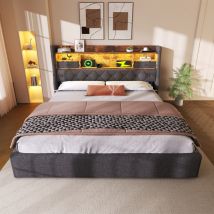 Bett Mit Stauraum Leinen Grau 140x200 Cm, Inklusive Lattenrost, Led-kopfteil Mit Usb Und Type-c