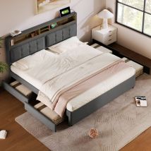 Bett Mit Stauraum Leinen Grau 140x200 Cm Mit Matratze, 4 Schubladen, Verstellbarem Kopfteil Und Usb-c
