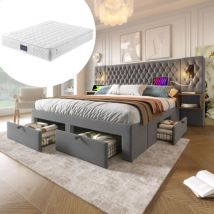 Bettanlage Schlafzimmer Komplett Set,polsterbett Hydraulisch Stauraumbett Doppelbett Mit 2 Nachttischen, Kopfteil Leselicht Mit Usb Ladefunktion