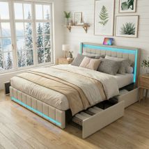 Bett Erwachsene 140x200, 4 Schubladen, Led, Polsterbett, Kopfteil Mit Usb/typ-c, Leinen, Modern/skandinavisch(140x200cm, Beige)