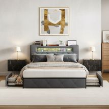 Bett Erwachsene 140x190 Cm Mit 4 Schubladen - Multifunktions-kopfteil Samt Gepolstert - Led Rgb - Usb & Typ-c - Inkl. Lattenrost - Grau