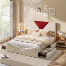 Betten Mit Bettkästen 140x200 Cm, Doppelbett Mit 4 Schubladen - Gepolstertes Kopfteil, Lattenrost - Design, Flanell, Cremeweiß