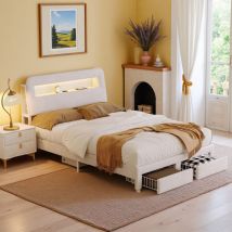 Bettgestell 160 X 200 Cm – 2 Schubladen – Usb Und Led – Beiger Samt – Jugendbett 160 X 200 Cm