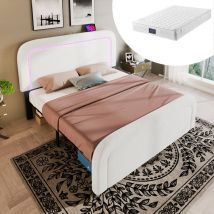 Redom - Bettgestell mit USB-Typ-C-Ladefunktion, LED-Beleuchtung, Doppelbett, Polsterbett, 140x200 cm, höhenverstellbares Kopfteil, Holzlattenrost,
