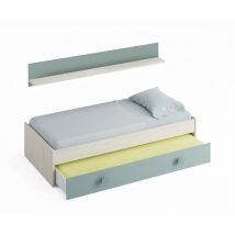 Einzelbett-Bett Lubbock, Bettrahmen für Schlafzimmer, Einzelbett mit ausziehbarem Kinderbett oder Kommode und passendem Regal, cm 201x98h43, Weiß und