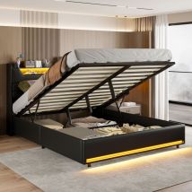 Bettkasten 140x190, Erwachsenenbett, Polsterbett, Bett 140, Modernes Bett Aus Schwarzem Pu Mit Steuerbarer Led-beleuchtung, Integrierter Steckdose Und