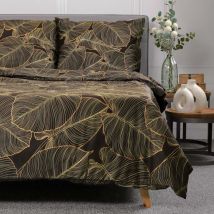Bettwäsche GALLO Satin mit schwarzen Blättern 160x200 + 270x80 cm 811963