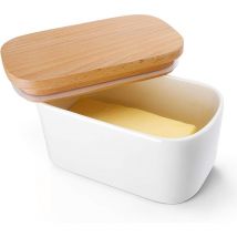 Beurrier en porcelaine pour 250 g de beurre, avec couvercle en bois, blanc