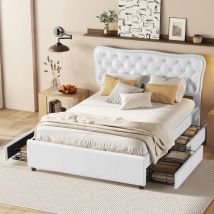 Redom - Letto imbottito, letto matrimoniale, letto con piattaforma, letto imbottito con quattro cassetti, lino, bianco, 140 x 200 cm