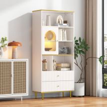 Wishdor - Bibliothèque blanche avec led et 2 tiroirs, 5 compartiments ouverts, étagères flexibles et réglables