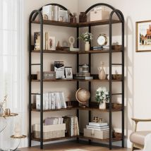 Bibliothèque d'angle 5 étagères, Grande étagère d'angle Industrielle, étagère d'angle sur Pied avec Cadre en métal pour Salon, Maison, Bureau, Marron