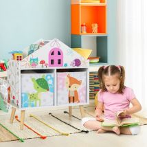 Bibliothèque en Forme de Maison pour Enfants Meuble en Bois pour Jouets 2 Bacs de Rangement Pieds Surélevés en Bois Massif Armoire de Rangement Blanc