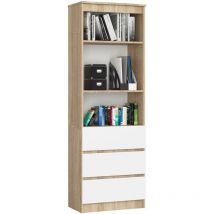Akord - Bibliothèque de bureau R60 Chêne Sonoma 60 cm 3 tiroirs façade Blanche 3 étagères 60x35x180 cm