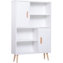 Bibliothèque scandinave 4 niches + 2 placards avec étagère dim. 80L x 24l x 123H cm pieds effilés inclinés bois massif panneaux particules blanc