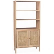 Sweeek - Bibliothèque effet bois et cannage - Bohème - 4 niveaux. 2 portes. 5 étagères