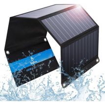 28W Chargeur Solaire Pliable avec 3 usb Ports(5V/4.8A au Total) Panneau Solaire Portable et Imperméable + 4 Crochets en Acier Compatible avec iPhone
