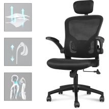 Bigzzia - Office Chair with Back Support High Back Ergonomic Computer Chair with 90° Flip-Up Armrest, Adjustable Headrest, Swivel Mesh Chair for Home