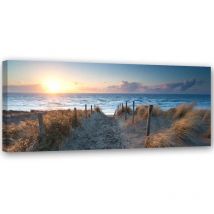 Feeby - Bild auf Leinwand, Sonnenuntergang am Strand am Meer - 150x50