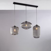 Belight - Binario in ferro laccato nero con cavi elettrici regolabili e diffusori in vetro soffiato grigio specchiato con decoro rigatura in rilievo