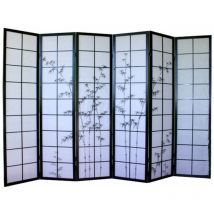Pegane - Biombo japonés de madera color negro con dibujo bambú de 6 paneles