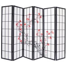 Biombo madera negro con flores de cerezo de 6 paneles, Dim: A264 x A176 x P2 cm
