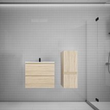 Biubiubath - Ensemble meuble vasque L.60cm chêne 2 tiroirs + colonne + lavabo