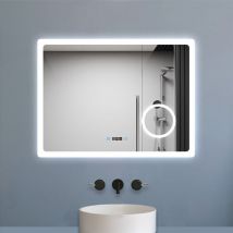 Miroir de salle de bain anti-buée avec horloge, blanc froid chaud neutre tactile mural miroir 80x60cm - Biubiubath