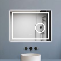 Miroir de salle de bain Bluetooth 80x60 cm, led tricolore + loupe + mémoire + dimmable + anti-buée, IP44 - Biubiubath