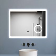 Miroir salle de bain bluetooth + loupe + horloge + tricolore + anti-buée 100x60cm dimmable,mémoire,tactile,led - Biubiubath
