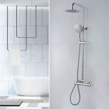 Thermostatic shower mixer set, bathroom shower mixer set, adjustable height shower system with round overhead rain shower, thermostatic shower set,