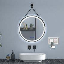 500mm Black Framed Round led Bathroom Mirror with Demister,Dimmable 3 Colour and Memory, 2 Touch Buttons/Wall Switch, with a Strap