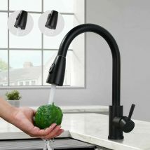 Black Kitchen Faucet, Sink Mixer Tap with Pull-Out Spray in Stainless Steel, Kitchen Mixer Tap with 2 Jet Modes, High Spout and 360° Rotatable,