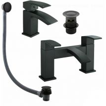 Gravity Bathrooms - Matt Black Square Basin Sink Tap & Bath Filler Set with Matching Waste Plugs