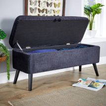 Black Velvet Fabric Hidden Storage Ottoman Box Wooden Legs Home Living Furniture