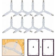 Blanc 8 Pièces Drap de Lit Attaches, Réglable élastiques Triangle Sangles de Soutient pour Drap-Housse et Drap Plat Draps de Lit, Matelas, Canapé