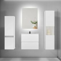 Biubiubath - Ensemble meuble blanc et lavabo L.60cm 2 tiroirs + colonne2 haut + lavabo + miroir 80x60cm-suspendu