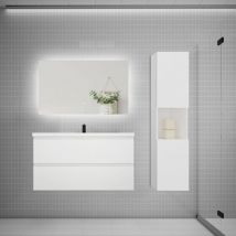 Ensemble meuble blanc et vasque L.100cm 2 tiroirs + colonne1 haut + lavabo + miroir 80x60cm-suspendu