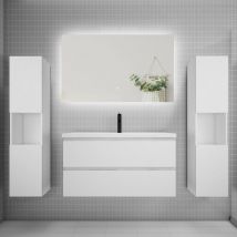 Biubiubath - Ensemble meuble blanc et vasque L.100cm 2 tiroirs + colonne2 haut + lavabo + miroir 80x60cm-suspendu