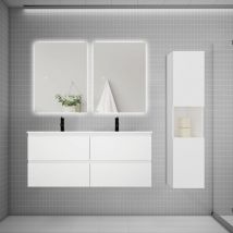 Biubiubath - Ensemble meuble blanc et vasque L.120cm 4 tiroirs + colonne1 haut + lavabo + miroir 80x60cm2-suspendu