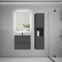 Biubiubath - Ensemble meuble anthracite et vasque L.60cm 2 tiroirs + colonne1 haut + lavabo + miroir 80x60cm-suspendu